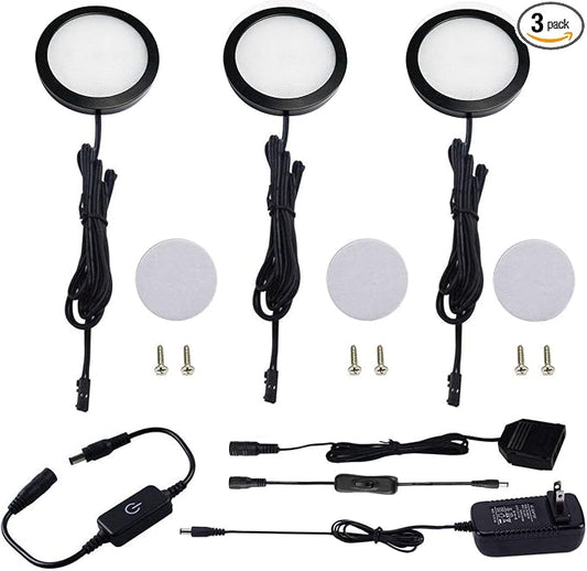 AIBOO Under Cabinet LED Black Cover Puck Lighting Kit with Touch Dimmer Switch for Kitchen Cupboard Closet Lighting (3 Lights,Warm White)
