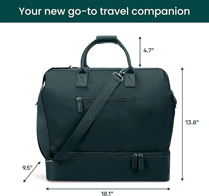NOBL Travel Weekender Bag for Women & Men, Large Duffel Carry-On Tote with Trolley Sleeve, Separate Shoe Compartment & Laptop Pocket, Leather Overnight Bag for Airplane, Gym, Road Trips - Forest Green