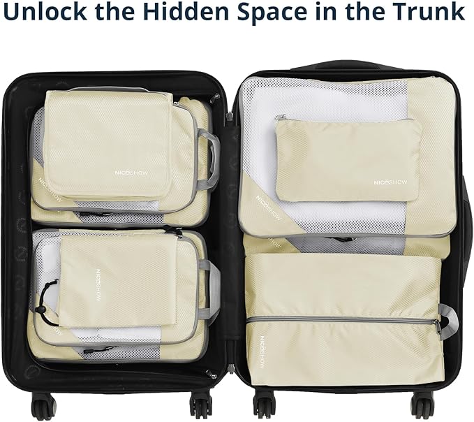 Compression Packing Cubes 10 Set, Compressible Space-Saving Packing Cubes for Travel - Compression Bags, Luggage Organizer, Travel Essentials for Women, Beige