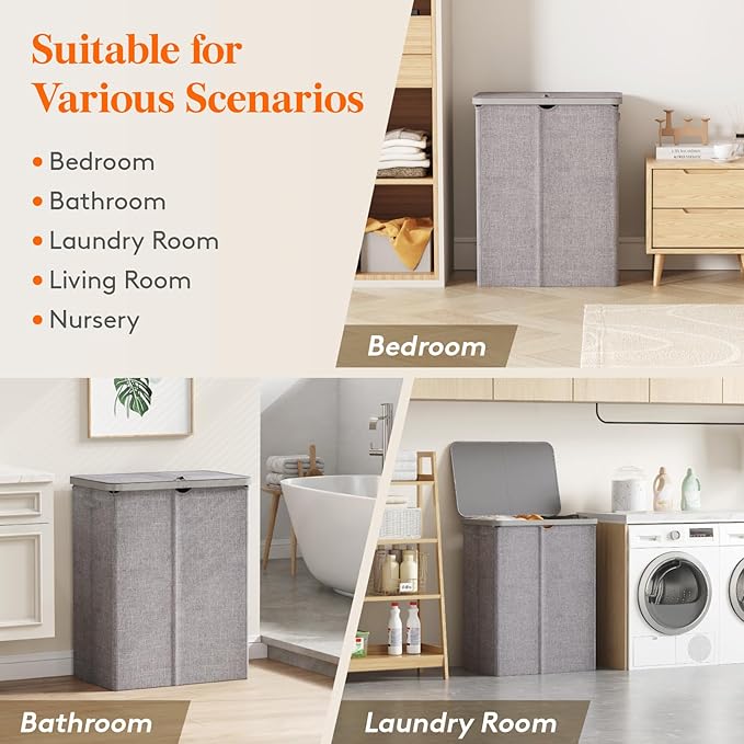Lifewit 165L Large Laundry Basket with Lid, Laundry Hamper with Plastic Handles and Removable Bag, Foldable Tall Dirty Clothes Hampers for Laundry for Laundry Room, Bedroom, Bathroom, Dorm, Light Gray