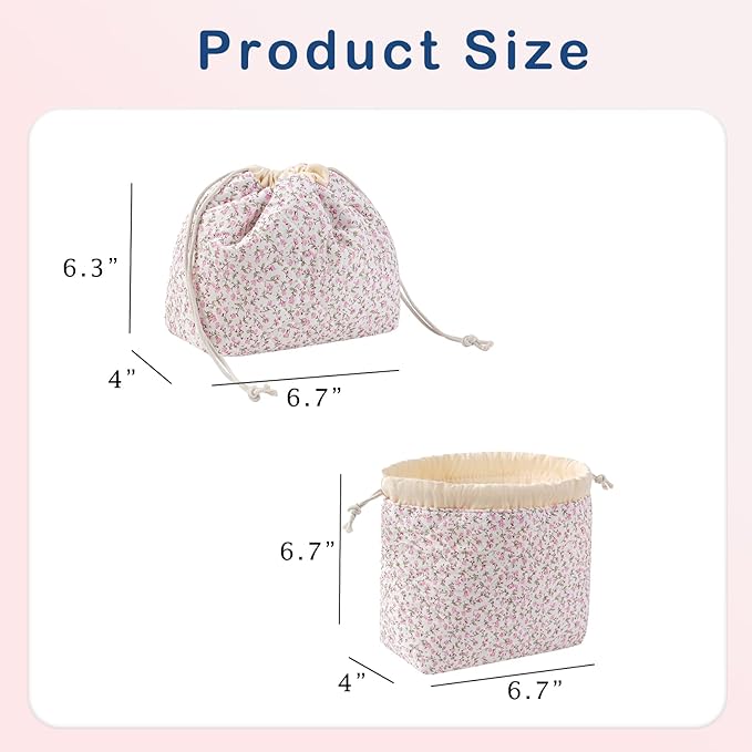 uekeboag Cotton Quilted Seersucker Makeup Bag with Canvas Lining,Coquette Aesthetic Cute Travel Toiletry Bag,Drawstring Gift Bag for Women and Girls（Pinkfloral）