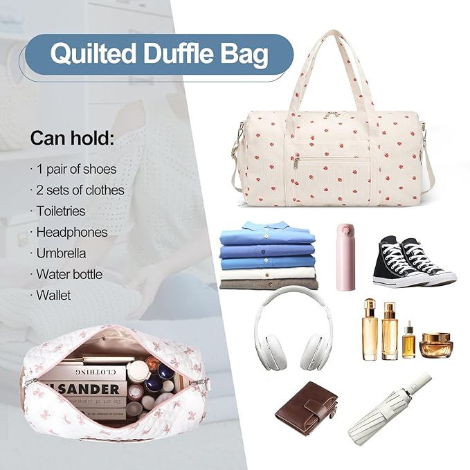 Gym Bag for Women, Cute Duffle Bag, Quilted Duffle Bag for Travel, Floral Duffle Bags, Weekend Bag with Zipper Pocket Dance Bag Organizer