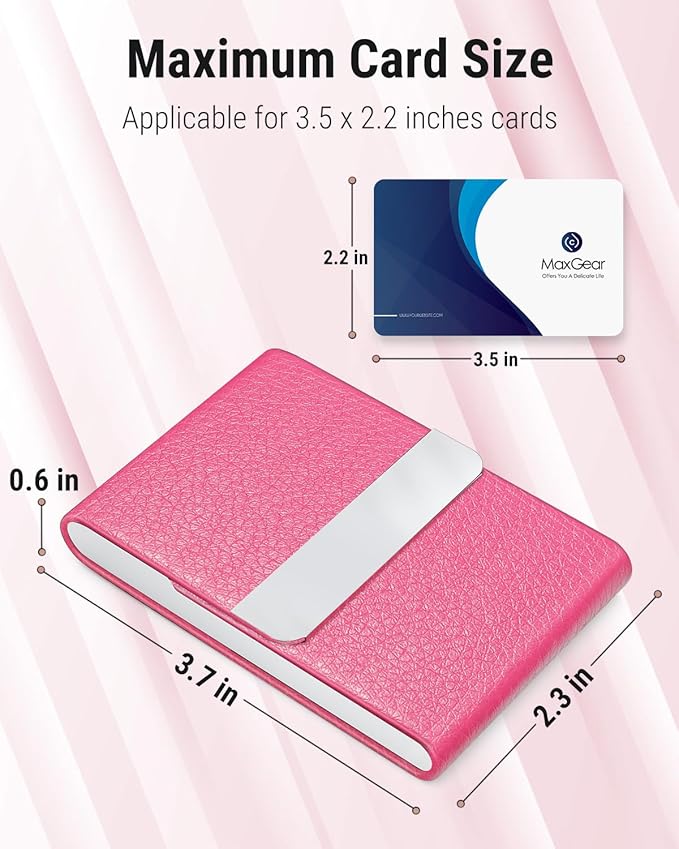 MaxGear Business Card Holder, Slim PU Leather & Stainless Steel Business Card Case for Men & Women, RFID Blocking Name Card Holder with Magnetic Closure, Rose Red