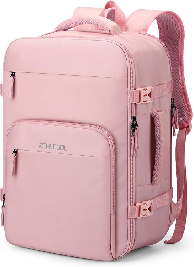 RealCool Travel Backpack for Women Men - Gift for Travelers, Students & Professionals, 15.6 Inch Laptop Carry On Backpack, TSA Flight Approved, College School Business Weekender Daypack -Pink