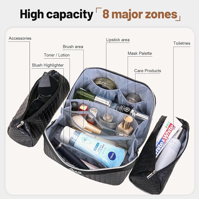 BOYATU Travel Makeup Bags for Women: 3 Pcs Large Make up Bags Set - Vegan Leather Cosmetic Bag for Traveling - Waterproof Toiletry Organizer (L05 Black)
