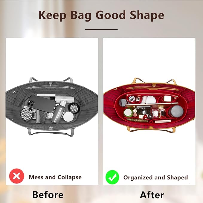 Purse Organizer Insert with Base Shaper,Felt Tote Bag Organizer Insert Compatible with Speedy 30 Neverfull MM and More,Bag Inner Shaper for Luxury Handbags,Red/L