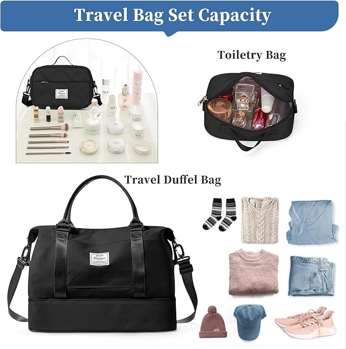 Weekender Bags for Women,Personal Item Travel Bag with Shoes Compartment,Overnight Travel Duffel Bag with Quilted Toiletry Bag,Black
