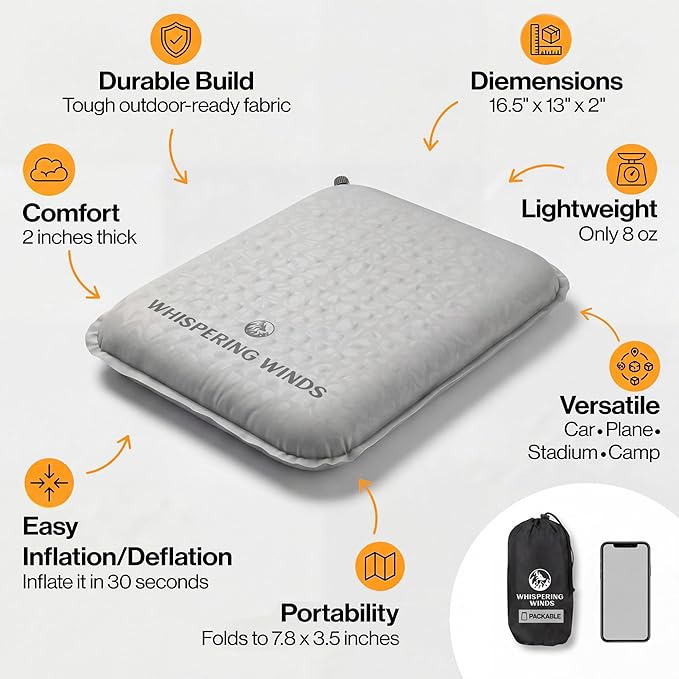 Whispering Winds Inflatable Seat Cushion - Comfortable Blow-up Foam Pad for Airplane, Travel, Stadium, Outdoors, Camping, Car & More