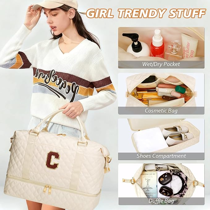 Birthday Gift for Women Initial Travel Duffle Bag Quilted Weekender Bags Carry-On Overnight with Cosmetic Bag, Gym Bag with Shoe Compartment Hospital Bag for Women Labor Delivery, Beige-C