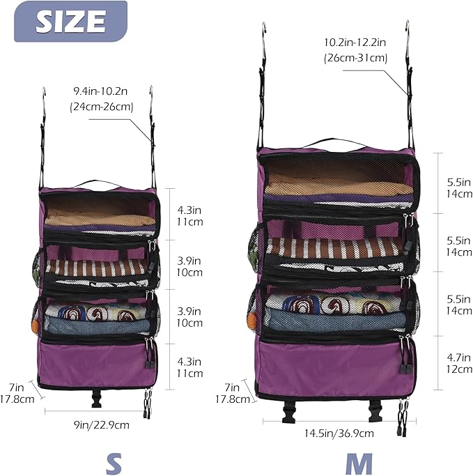 Surblue Travel Hanging Luggage Organizer Portable Suitcase Closet Organizer Multiple Compartments Collapsible Compression Packing Cubes Shelf, Purple, S