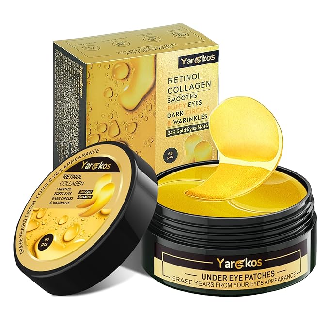 60 Pcs 24K Gold Under Eye Patches, 30 Pairs Undereye Mask for Dark Circles Puffy Eyes Treatment, Collagen Gel Pads Hydrating for Eye Bags Puffiness Wrinkle, Women Men Beauty Skin Care Products