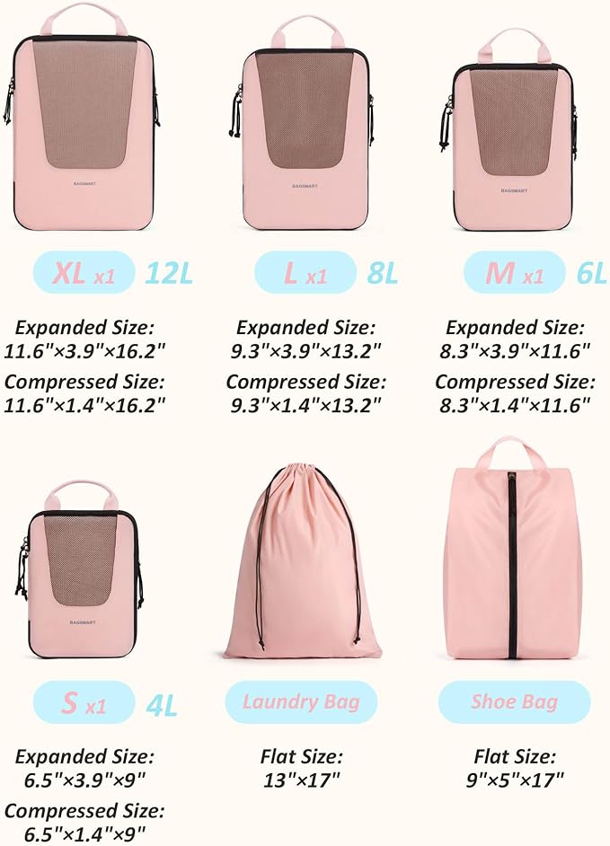 BAGSMART Compression Packing Cubes for Travel, 6/5/4set Lightweight Packing Organizers, Summer Travel Essentials Suitcase Organizer Bags Set