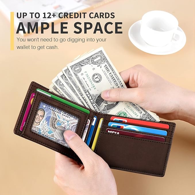 RUNBOX Wallet for Men Slim 11 Credit Card Holder Slots Leather RFID Blocking Small Thin Men's Wallet Bifold Minimalist Front Pocket Large Capacity Gift Box
