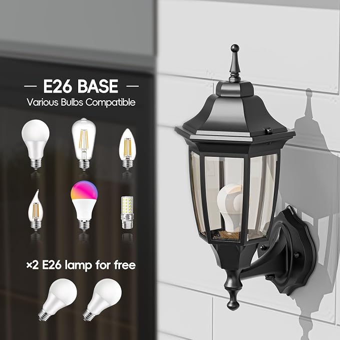 EMART Dusk to Dawn Outdoor Porch Light with Bulb, Wall Lamp(2 Pack, Black) | Exterior Anti-Corrosion, Waterproof Aluminum & Glass Shades, Modern Sconce Lantern Fixtures for Outside, House, Garage