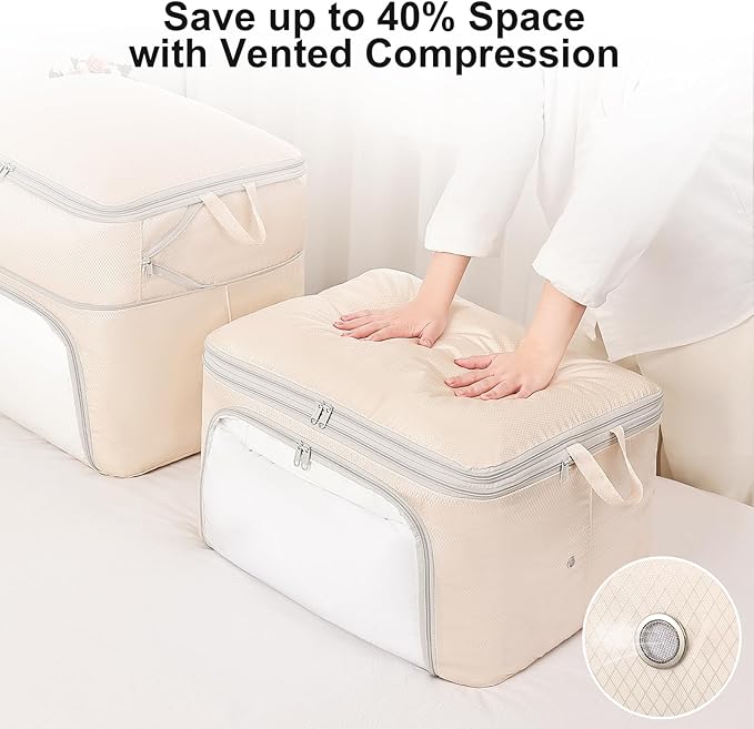 Comforter Storage Bag - Large Capacity Blanket Storage Bags Front-opening Ultra Space Saving Self Compression Organizer, Washable Compression Bags for Storage Comforter Blanket, 1 Pack, Beige
