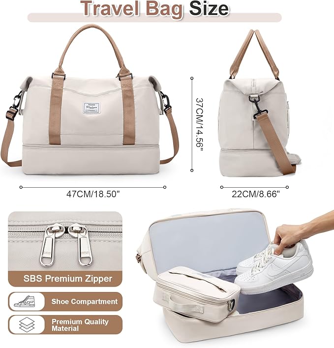 Weekender Bags for Women, Travel Duffel Bags with Shoe Compartment & Wet Pocket,Travel Bag for Airlines,Carry on Overnight Tote Bag for women with Toiletry Bag,3Pcs Set，Beige & Brown
