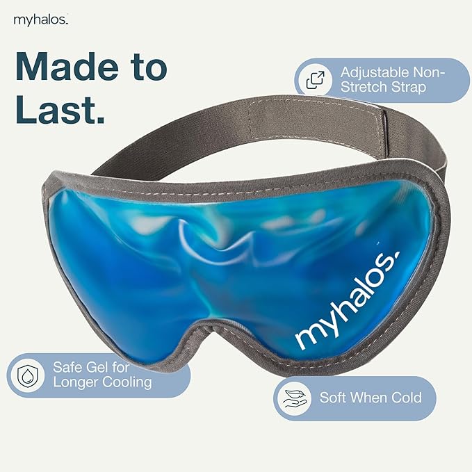 MyHalos Gel Mask - Reusable Cooling Eye Mask with Adjustable Straps - Cold Mask for Puffy Eyes, Dark Circles and Hangovers - Face Ice Pack Compress for Sinus, Headaches (Blue - No Eyeholes)