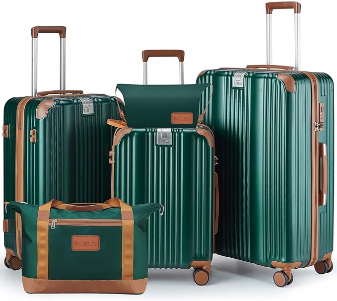 Luggage Set 3 Piece with Cup Holder,Hardshell TSA Lock Spinner Wheels Carry on Lightweight Suitcase，Hook and YKK Zippers for Valentine Gifts(Dark Green, 5 piece sets(20/24/28/DB/TB))