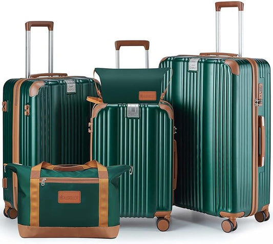 Luggage Set 3 Piece with Cup Holder,Hardshell TSA Lock Spinner Wheels Carry on Lightweight Suitcase，Hook and YKK Zippers for Valentine Gifts(Dark Green, 5 piece sets(20/24/28/DB/TB))