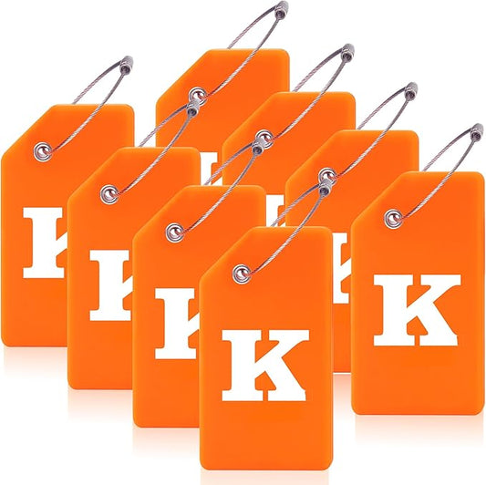 Gostwo 8 Pack Luggage Tags for Suitcases, 26 Initial Letter Travel Luggage Baggage Identification Labels ID Tags Fully Bendable Tags with Stainless Steel Loop (Letter K, Orange)
