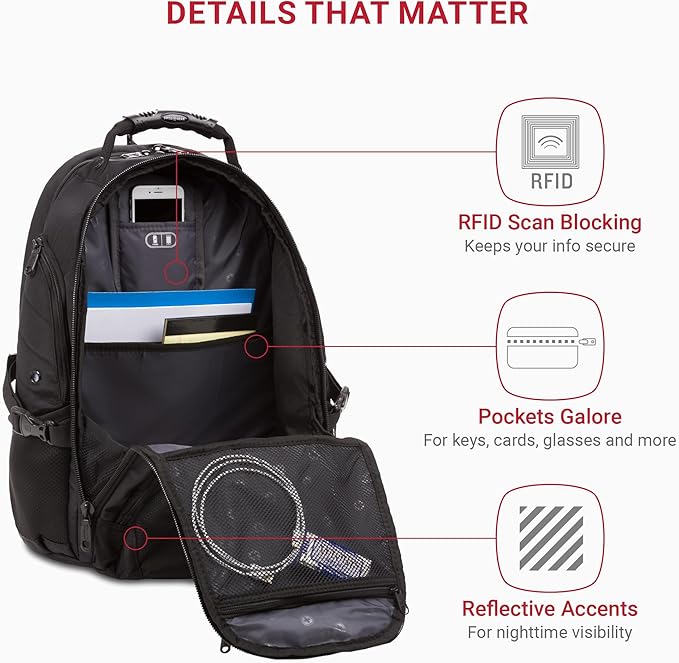 SWISSGEAR 1900 ScanSmart TSA Laptop Backpack Fits 17 Inch Laptop with RFID Protection and Tablet Pocket, Black/Black, 19-Inch