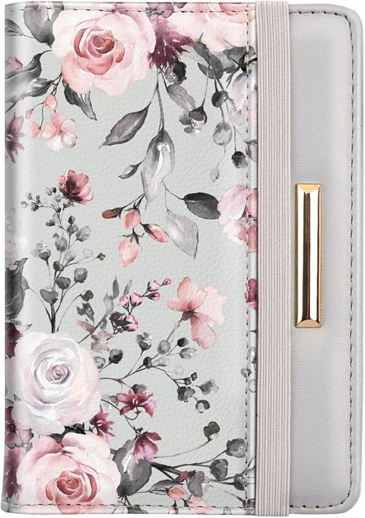 Passport Holder,RFID Blocking Passport Cover Cute Floral Traveling Passport Wallet for Women Grey Flowers
