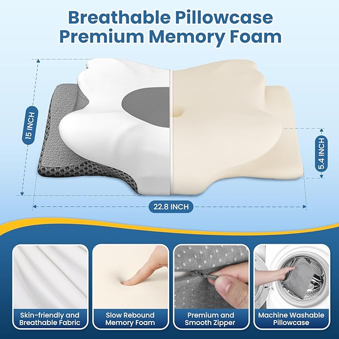 Memory Foam Bed Pillow – Contour Support Pillow for Side & Back Sleepers, Soft Ergonomic Design, Cooling Breathable Cover, Removable Washable Case, Standard Size, Grey