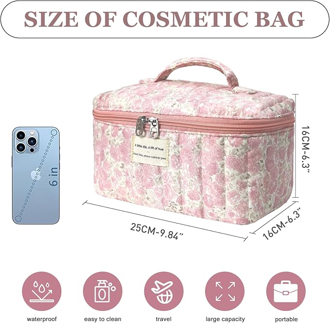 Large Makeup Bag, Cute Cosmetic Bag for Women Girls, Floral Coquette Aesthetic Toiletry Bag, Travel Make Up Organizer Bag (Crushed Flower)
