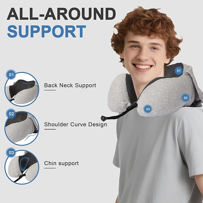 Travel Neck Pillow with 100% Light-Blocking Hood – Ergonomic Memory Foam Support Pillow for Airplane, Long Flights, Road Trips, Office and Car, Full Head and Neck Support with Skin-Friendly Cover