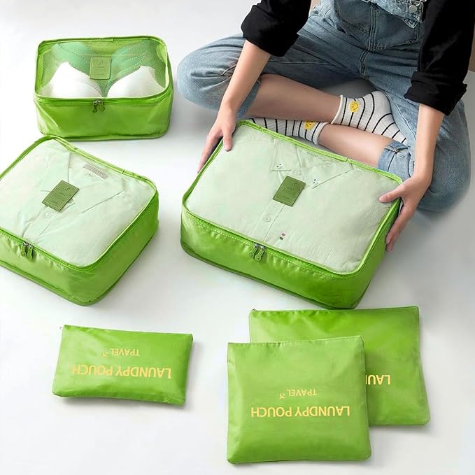 6 Set Packing Cubes for Travel Luggage Packing Bags Reusable Waterproof Suitcase Organizer Bags Set with Shoe Bag and Toiletry Bag (Green)