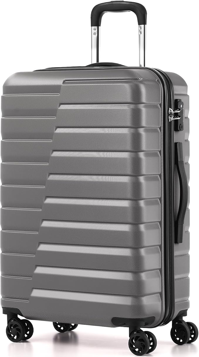 Coolife Medium Checked Luggage with Spinner Wheels, Hardside Suitcase TSA Lock Lightweight Travel Luggage 24-inch,Gray