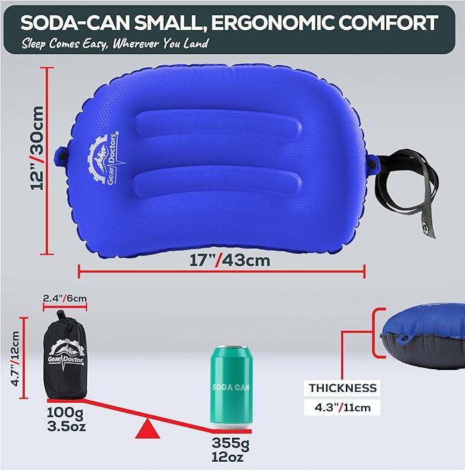 Gear Doctors 3.5oz Compact Ultralight Inflatable Camping Pillow —Inflatable Camp Pillow —Backpacking Pillows Ultralight—Camping Pillows for Sleeping, Hiking, Travel, Beach, Office, Neck, Lumper [Blue]