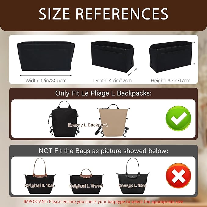 Premium Felt Purse Organizer Insert for Longchamp Le Pliage, Zipper Long Champ Bag Organizer Insert with Cup Holder, 9 Compartments