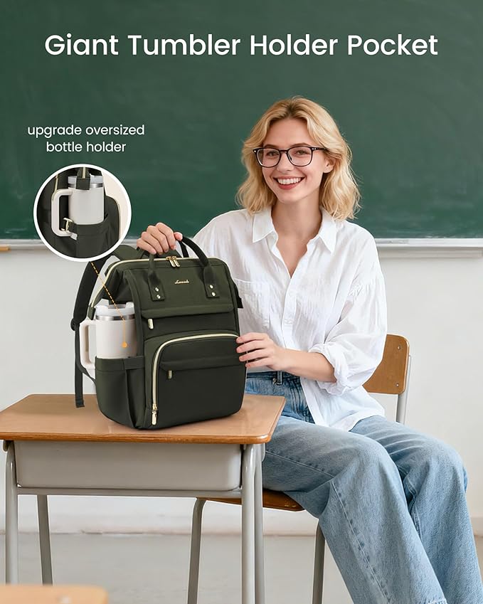 LOVEVOOK Laptop Backpack for Women with Giant Tumbler Holder Pocket,15.6 inch Waterproof Travel Backpack Purse Computer Laptop Bag,Professional Work College Nurse Teacher Backpack Daypack,Olive Green