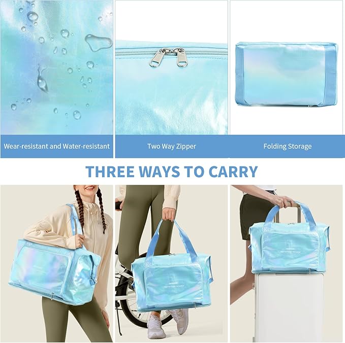IwIeIaIrI Weekender Overnight Bags for Women Men,Waterproof Lightweight Foldable Gym Duffel Dance Bag for Girls Kids Women Weekend Travel with Laser Color (Blue)