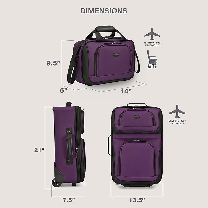 U.S. Traveler Rio Lightweight Softside Rolling Carry-on Suitcase, 2-Wheel Set, Purple