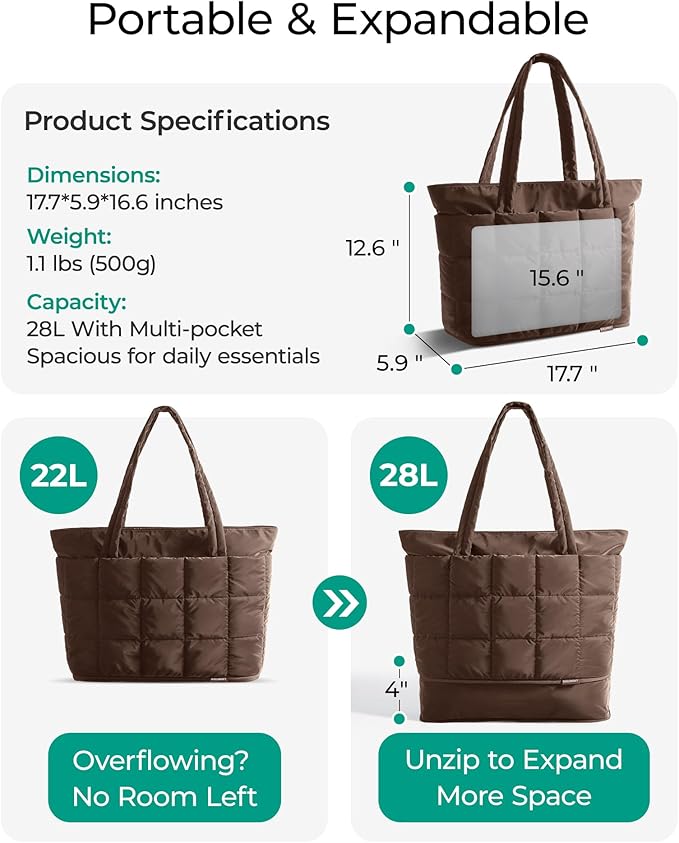BAGSMART Expandable Tote Bag for Women, Puffer Work Tote Handbag, Quilted Carry On Bag for Travel Gym