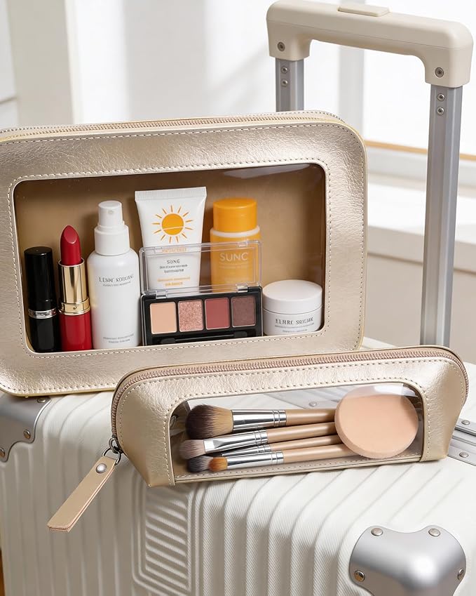 LETGO 2Pack Clear Makeup Bags, Makeup Pouch for Purse Slim Make Up Brush Bag for Girls Car Accessories Essentials for Women(2Pack-Gold Set)