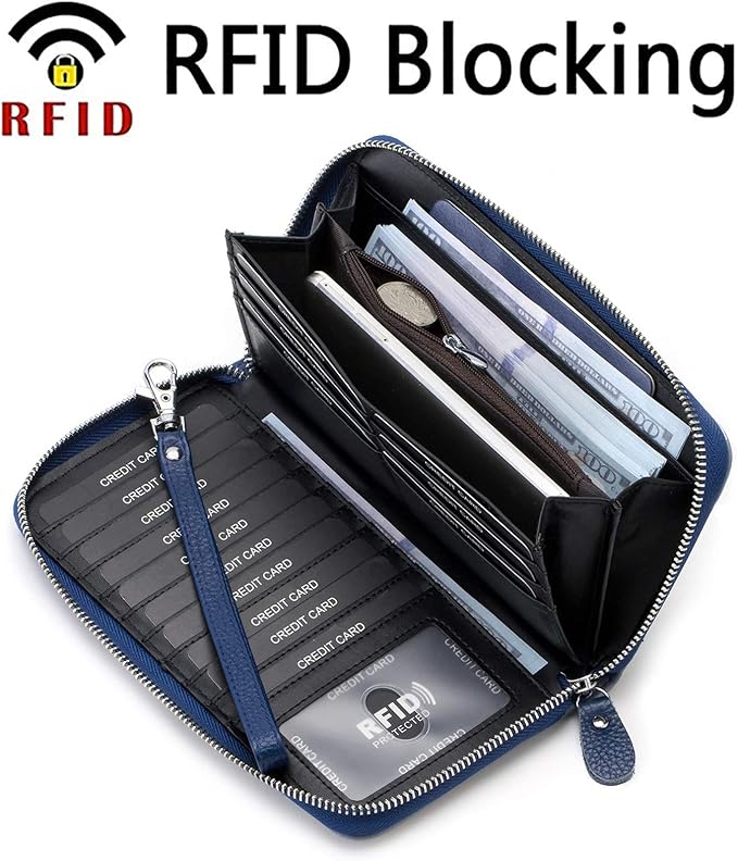 Moflycom Womens Wallet RFID Blocking Genuine Leather Multi Credit Card Large Capacity Zip Around Clutch Travel Purse Wristlet