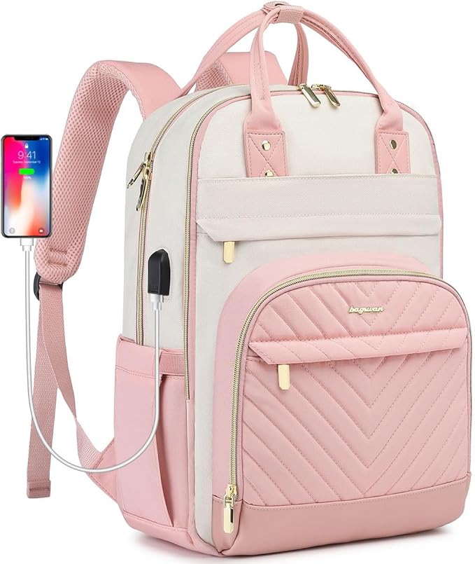 Laptop Backpack for Women Work - 15.6 Inch Travel Backpack Fashion Work Business Backpacks Purse Warterproof College Teacher Nurse Computer Daypack Beige Pink