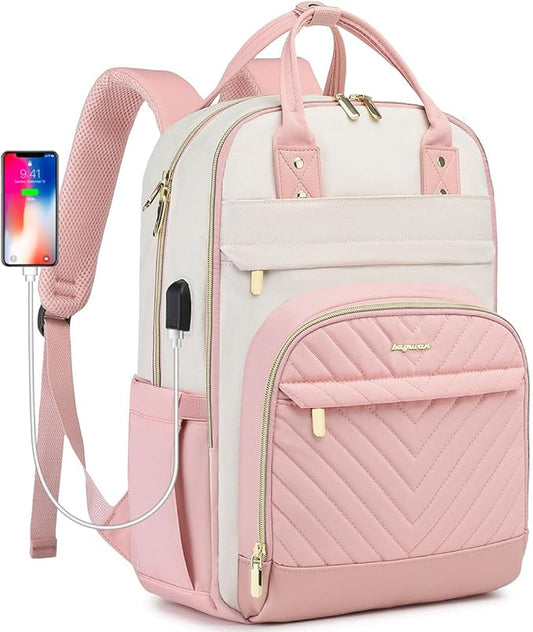 Laptop Backpack for Women Work - 15.6 Inch Travel Backpack Fashion Work Business Backpacks Purse Warterproof College Teacher Nurse Computer Daypack Beige Pink