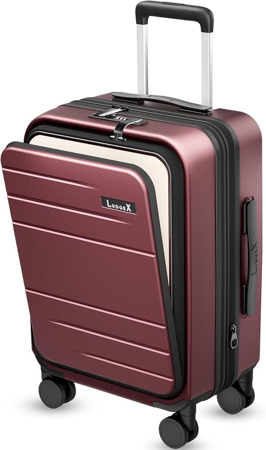 LUGGEX Carry On Luggage 22x14x9 Airline Approved, FLO5 Expandable Polycarbonate Suitcase with Front Pocket (FX-Core, Cheery, 20 Inch)
