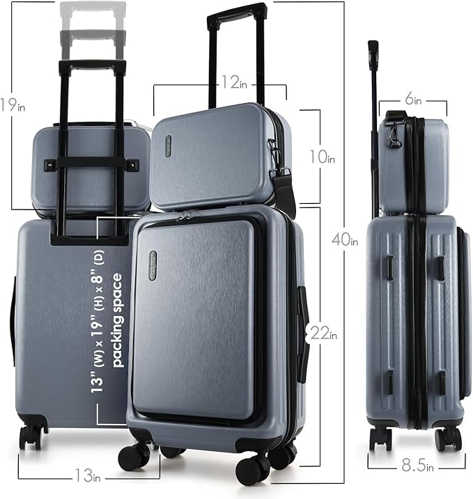 22 Inch Carry On Luggage, Carry On Suitcase with Wheels, Hardside Luggage Carry-On, Expandable Grey Small Suitcase, Hard Shell Carry-on Luggage, Spinner Luggage with Cosmetic Bag