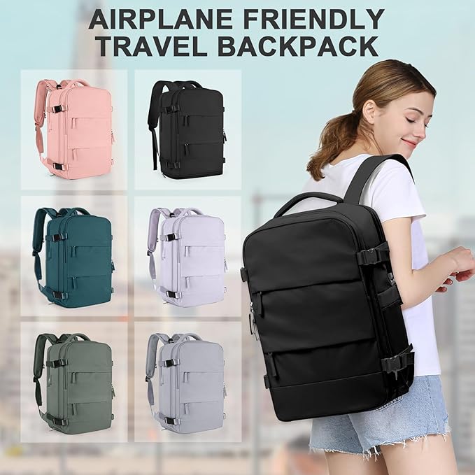 coowoz Travel Backpack For Women Men,Carry On Backpack,Hiking Backpack Waterproof Outdoor Sports Rucksack Casual Daypack Travel Essentials(Black) 25L