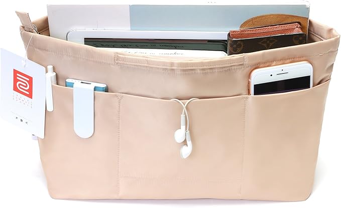 iN. Purse Organizer Insert with zipper Nylon fabric for women Handbags & Totebag beige Size: Medium: 15.7"(Top)/12.2"(Bottom) L × 4.7" W × 8.3" H