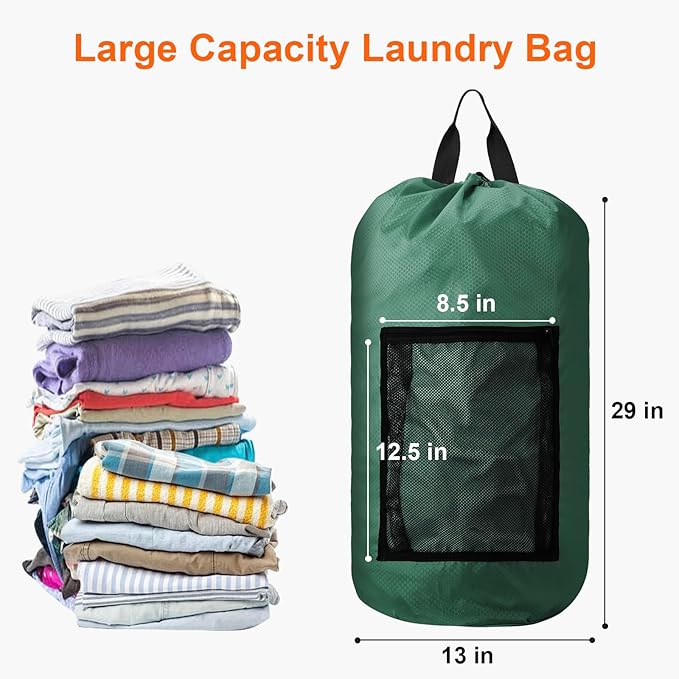 Laundry Bag Backpack Durable Laundry Bag with Shoulder Straps and Mesh Pockets Portable Laundry Dirty Clothes Hamper Bag for College Dorm (Green)