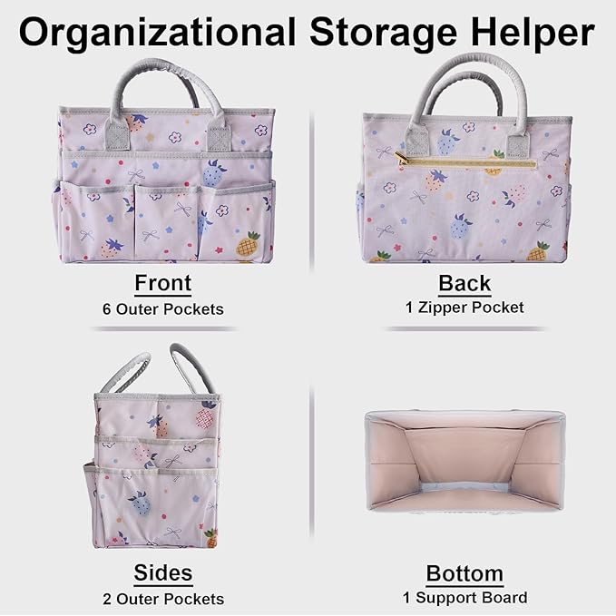 Cupohus Art Organizer Craft Storage Tote Bag with Pockets and Handles, Oxford Fabric Carrying Caddy for Teacher, Officer, Artist, Traveler, and more-Pink Fruit
