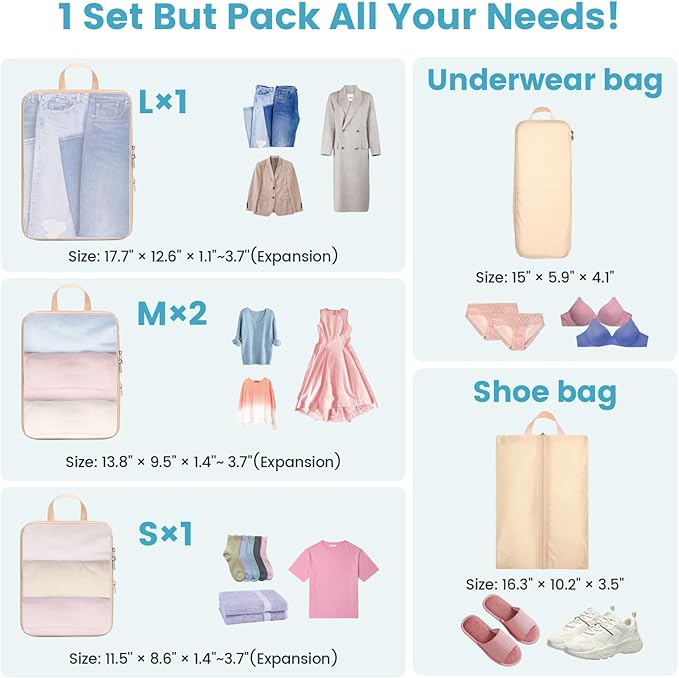 Cambond Compression Packing Cubes for Travel - Lightweight Expandable Travel Bags Luggage Organizers Travel Essentials Compression Cubes for Travel Space Saver for Carry on Suitcases Organizer