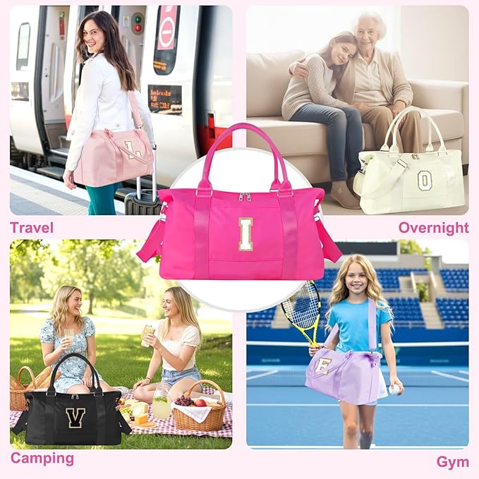Dance Gym Duffel Bag for Teen Girls, Personalized Initial Travel Weekender Bag,Cute Overnight Carry On Duffle for Women,Sports Travel Cheer Bag,Monogram Christmas Gifts for Tween Preppy(rosered-I)