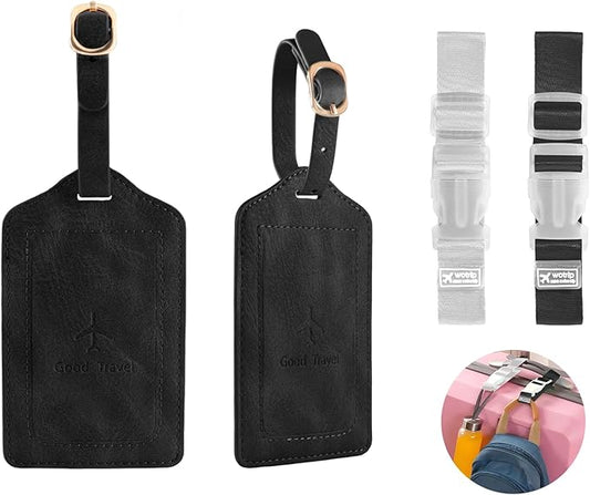1 Pack Luggage Tag, PU Leather Suitcase Tags Identifiers Privacy Cover ID Label for Travel Bag Suitcase with 2 Pack Luggage Straps for Hats, Bags and Travel Accessories Clip(L-Black)
